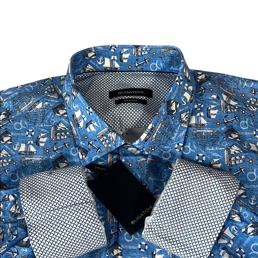 NEW Bugatchi Blue Casual Button Down Shirt‎ with Geometric Pattern New With Tags